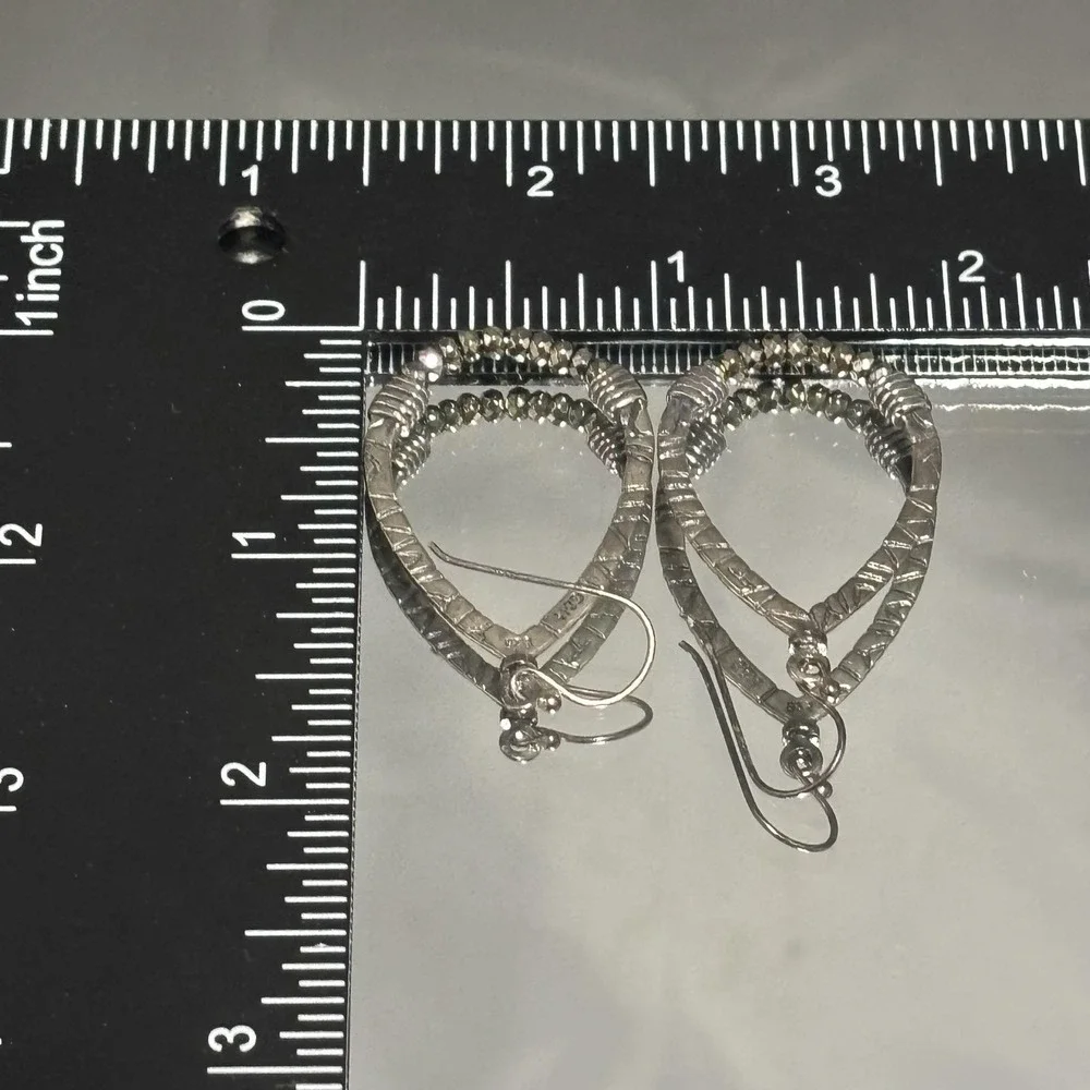 G&H‎ 925 Sterling Silver Teardrop Dangle Earrings Hammered Oxidized Beaded Hook